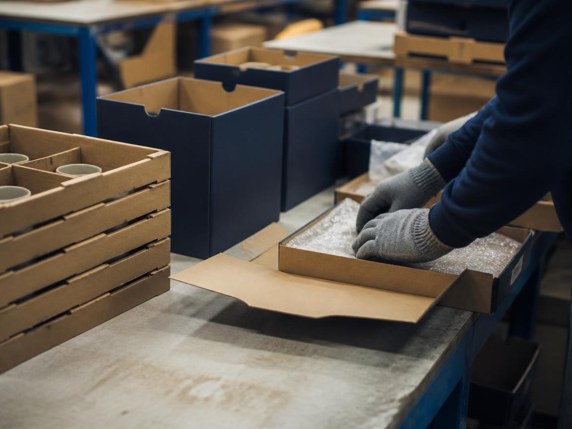 Cardboard trays and packing boxes on a warehouse packing bench